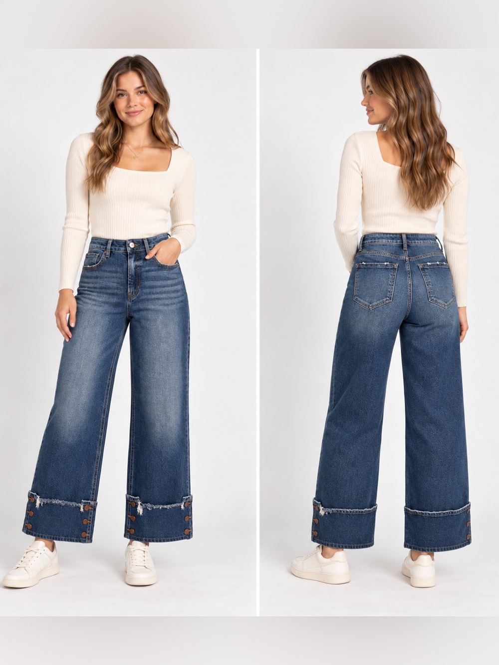 Risen Jeans Size 7/28 High Rise Wide Leg Distressed Button Cuff Jeans